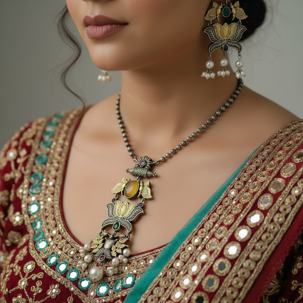 Handcrafted Oxidised German Silver Lotus Necklace Set with Pearl Drops & Earrings