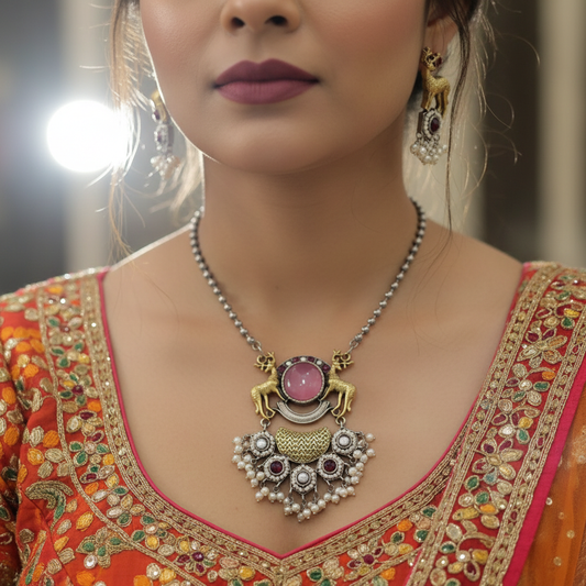 Antique Oxidised German Silver Deer Motif Necklace Set with Multicolor Stones & Pearl Drops