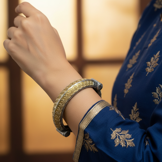 2PC Openable German Silver Kada Bangles with Gold Paisley Engraving