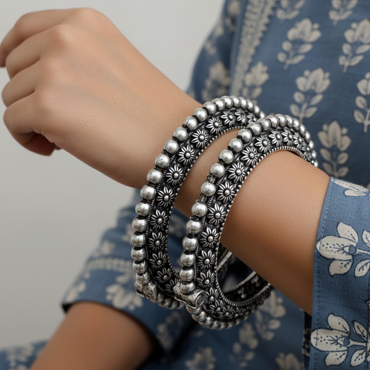 2PC Openable German Silver Floral Kada Bangles