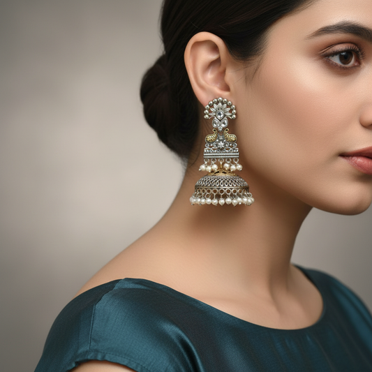 Oxidised German Silver Pearl Drop Jhumka Earrings