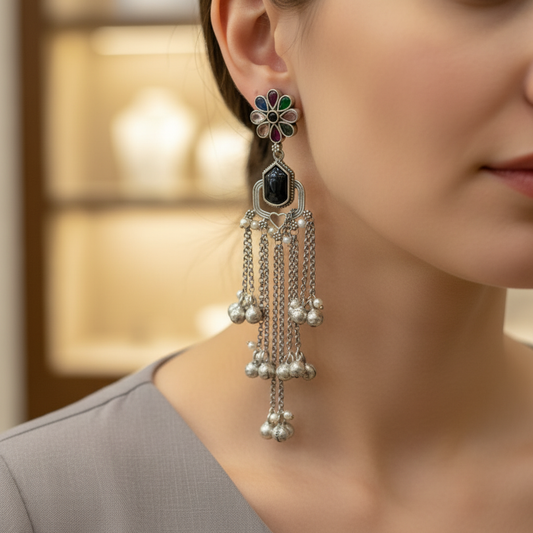 Oxidised German Silver Floral Tassel Earrings with Ghungroo & Pearl Drops