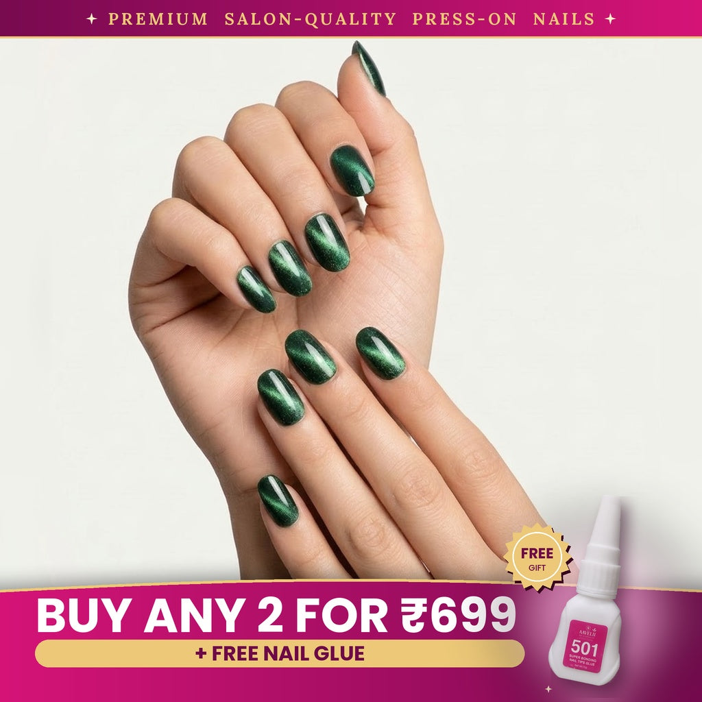 Premium Forest Green Cat Eye Effect Press-On Nails | Lady Zone