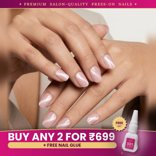 Premium Soft Blush Cat Eye Effect Press-On Nails | Lady Zone