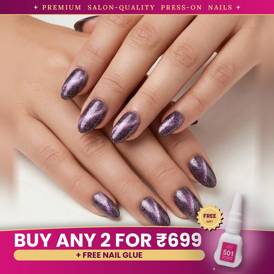 Premium Deep Berry Cat Eye Effect Press-On Nails | Lady Zone