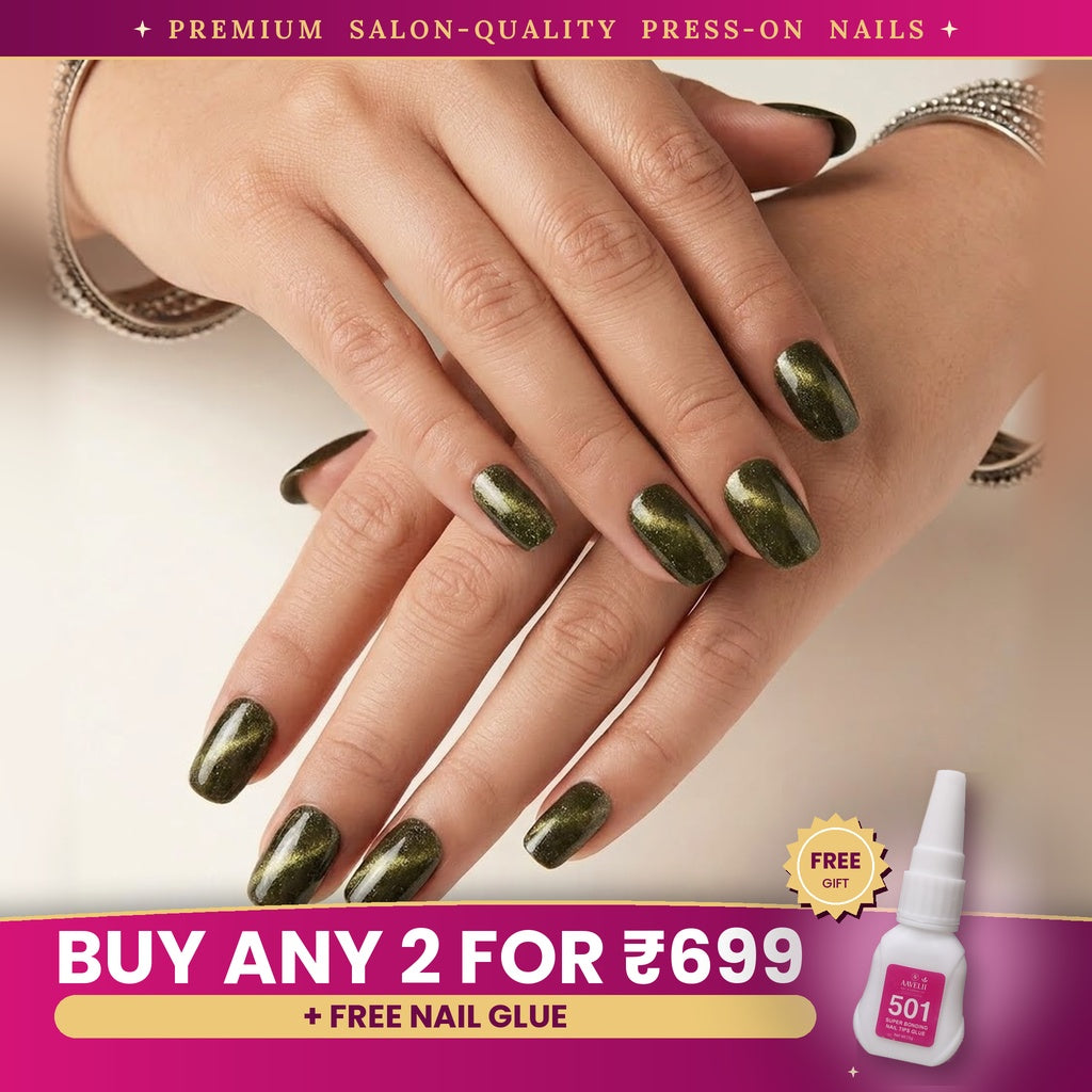 Premium Olive Gold Cat Eye Effect Press-On Nails | Lady Zone