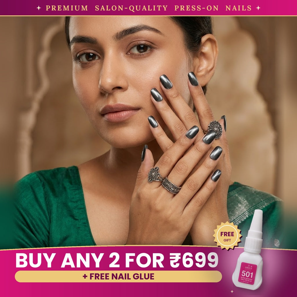 Premium Silver Cat Eye Effect Press-On Nails | Lady Zone