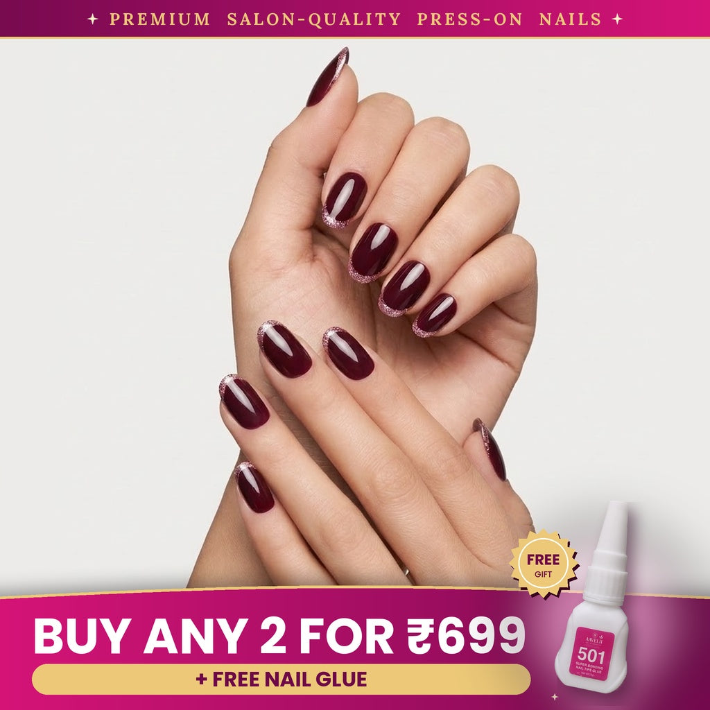 Premium Burgundy Glitter French Press-On Nails | Lady Zone