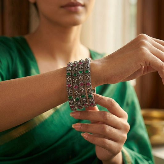 4 PC Oxidized Floral Stone Bangle Set | Lady Zone
