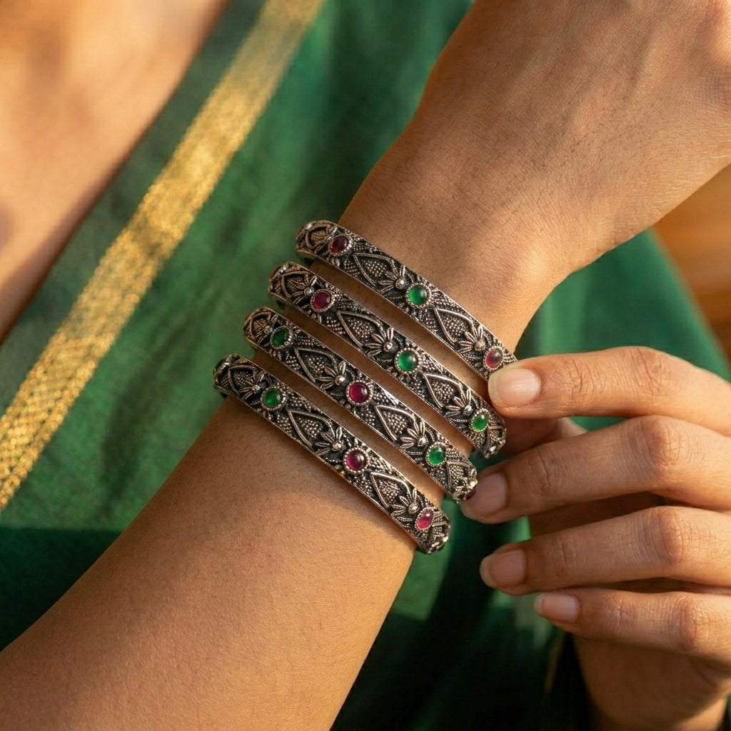 4 PC Oxidized Stone Studded Bangle Set | Lady Zone