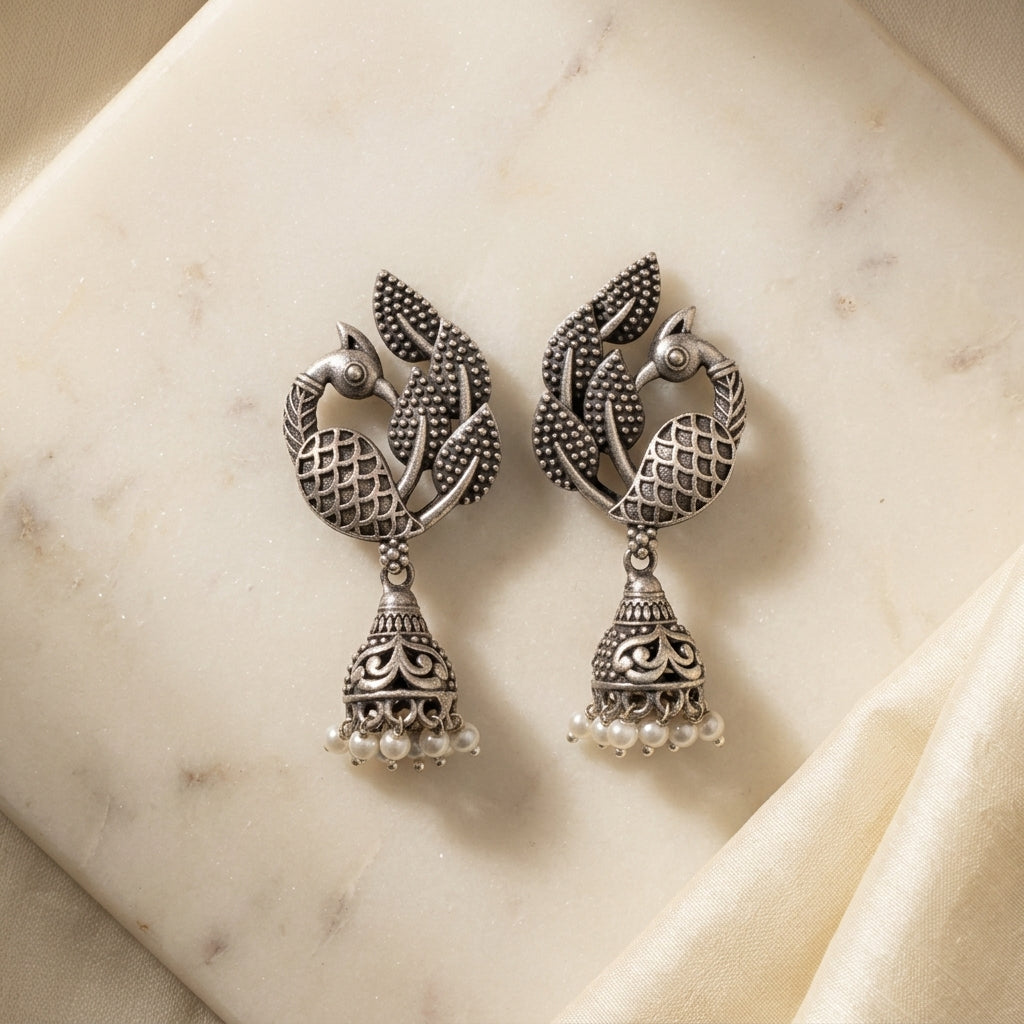 German Silver Peacock Jhumka Pattern Earrings for Women | Lady Zone