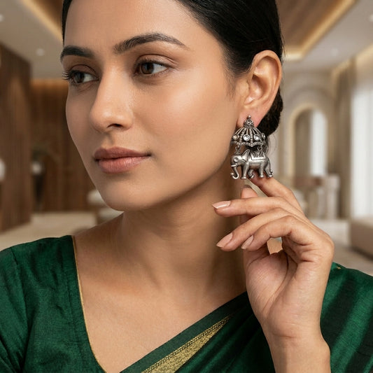German Silver Elephant Dome Pattern Statement Earrings for Women | Lady Zone