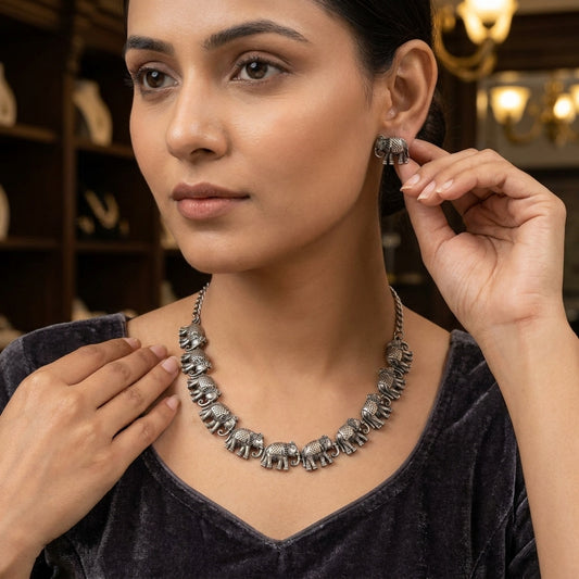 German Silver Elephant Pattern Oxidised Necklace Set for Women | Lady Zone
