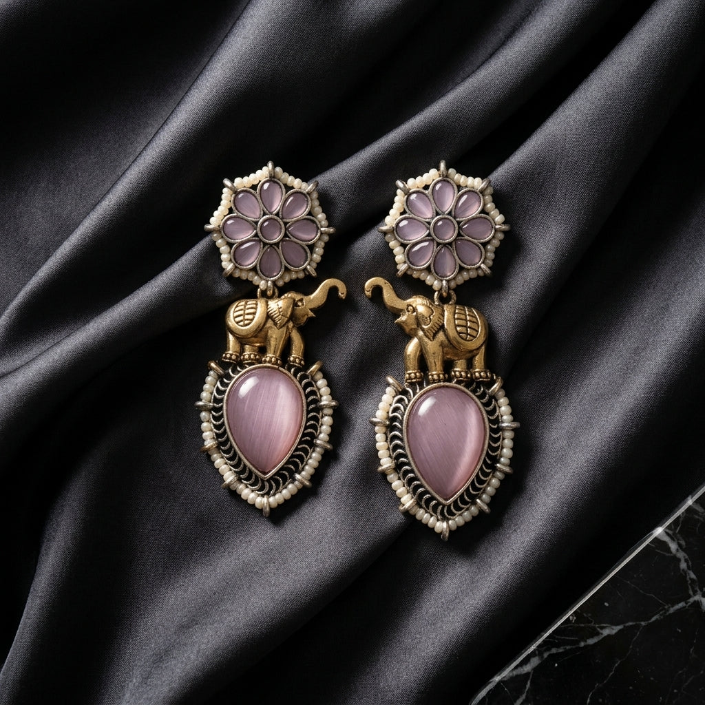 German Silver Elephant Floral Pattern Drop Earrings for Women | Lady Zone
