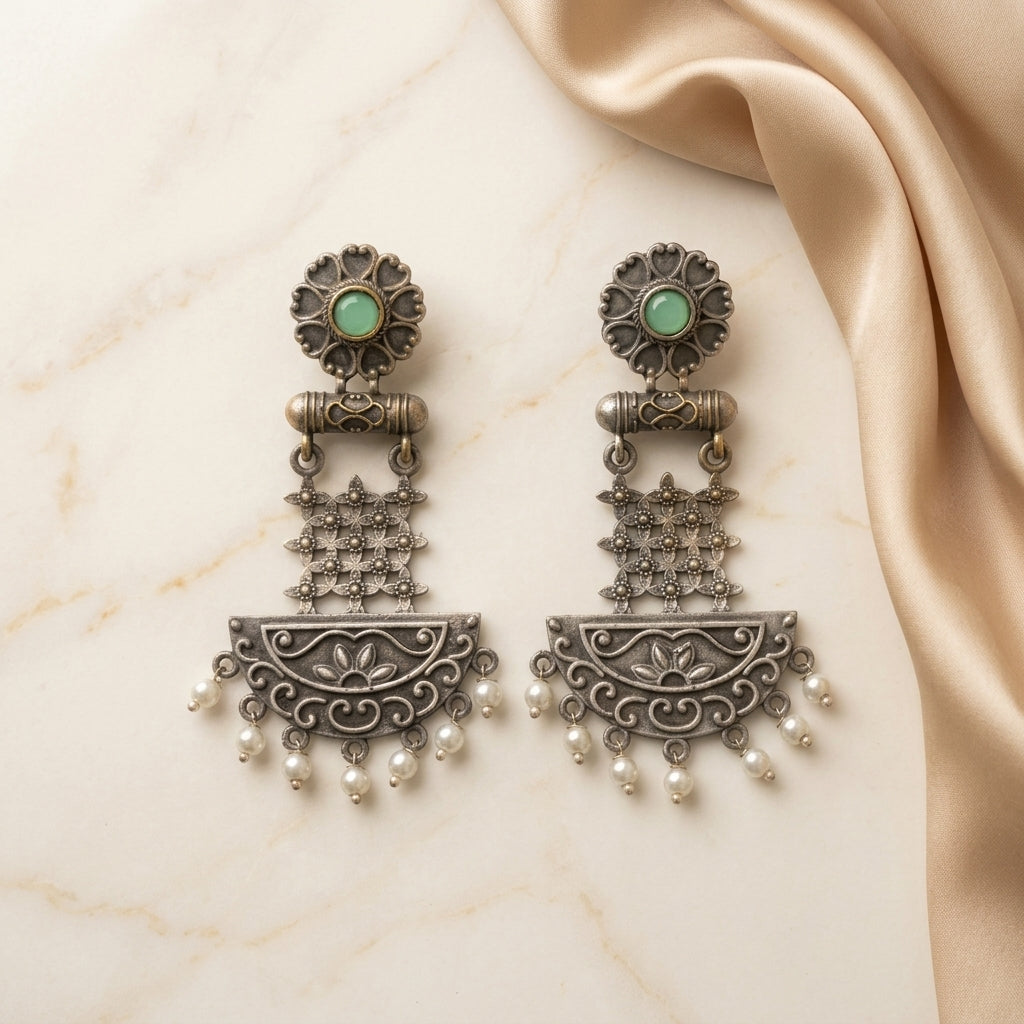 German Silver Pearl Drop Statement Chandbali Earrings for Women | Lady Zone