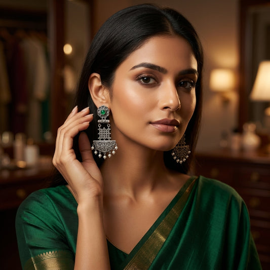 German Silver Pearl Drop Statement Chandbali Earrings for Women | Lady Zone