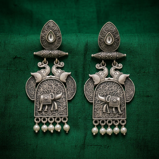 German Silver Elephant Pearl Drop Statement Earrings for Women | Lady Zone