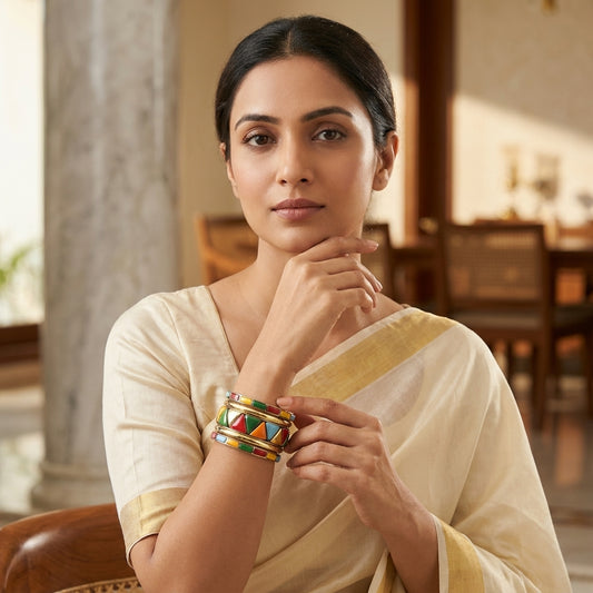 Colorful Geometric Tribal Brass Bangle Set | Lady Zone