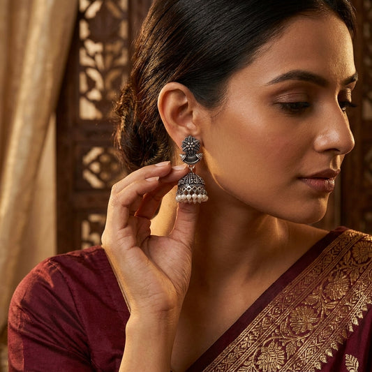 Oxidized Pearl Dome Jhumka Earrings for Women | Lady Zone