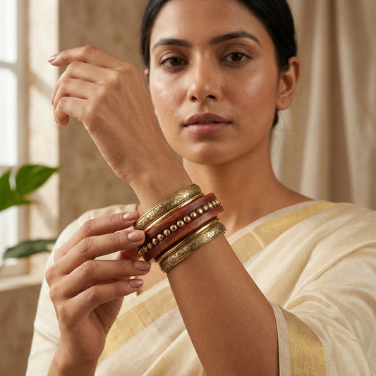 Heritage Floral Wood & Brass Bangle Set for Women | Lady Zone
