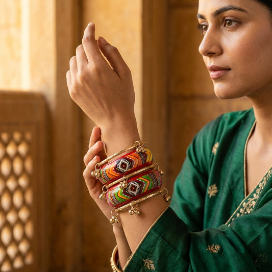 Tribal Fusion Wood & Brass Bangle Set for Women