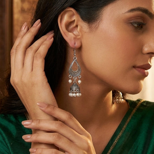 Oxidized Pearl Drop Jhumka Earrings for Women | Lady Zone