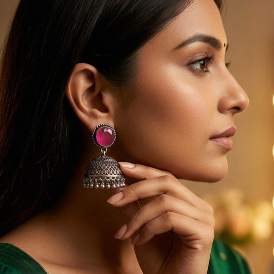 Oxidized Stone Stud Jhumka Earrings for Women | Lady Zone