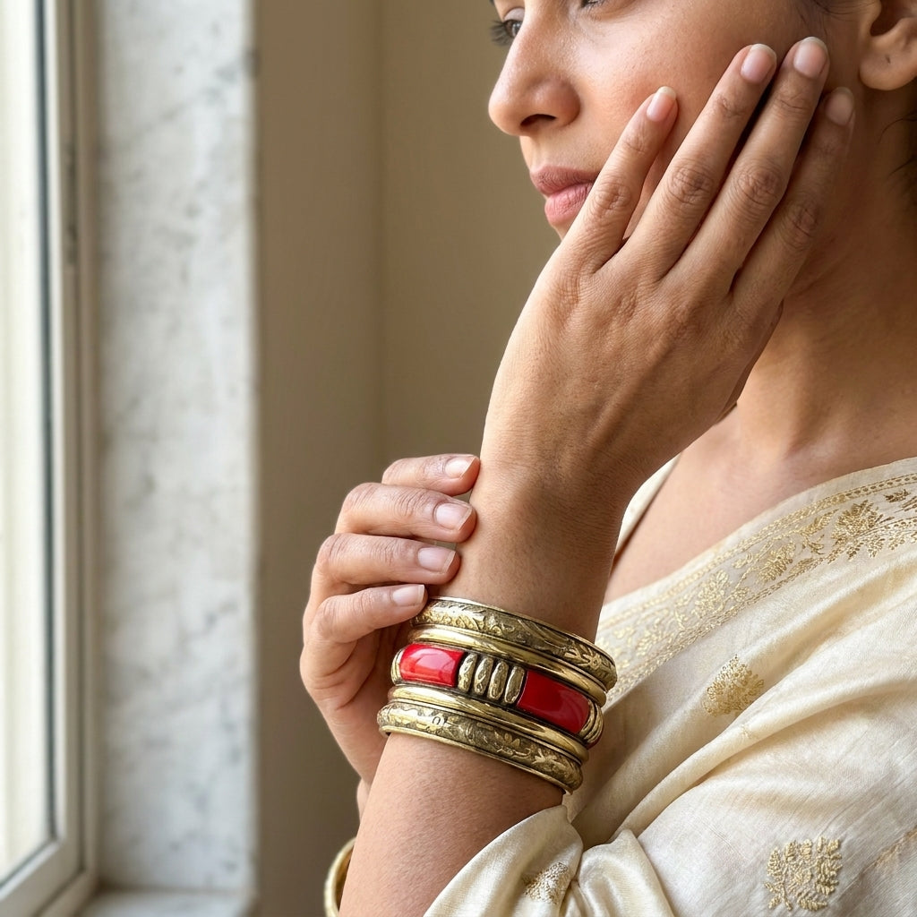 Traditional Wood & Brass Bangles Set | Lady Zone
