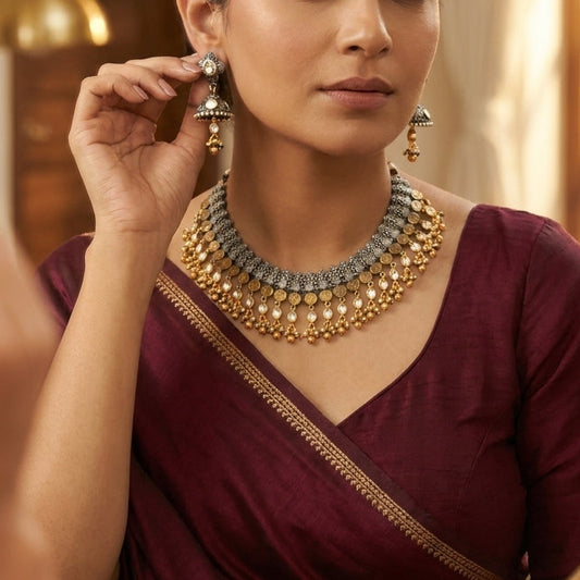 German Silver Oxidized Coin Kundan Necklace Set for Women | Lady Zone