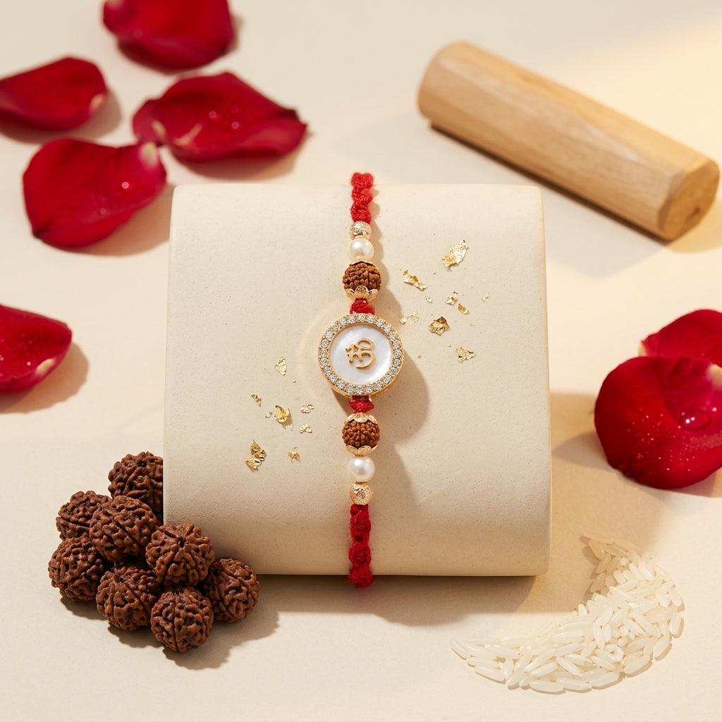 Luxurious Gold Om, Pearl, and Rudraksha Rakhi