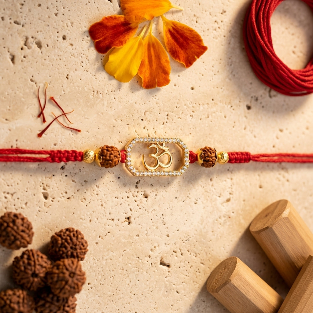 Premium Stone-Framed Gold Om and Rakhi