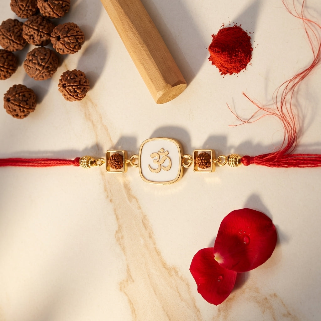 Square Frame Gold Om Enamel Rakhi