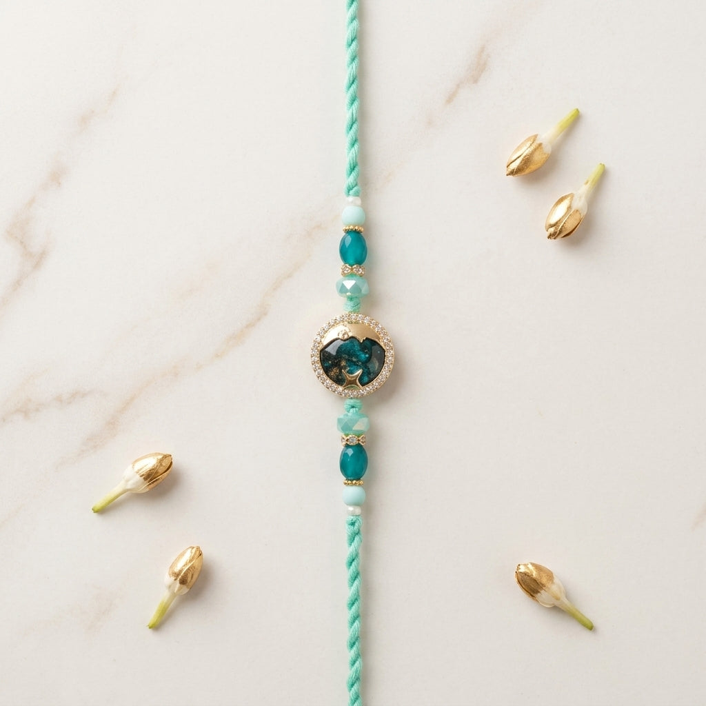 Elegant Teal Mountain Landscape Motif Rakhi