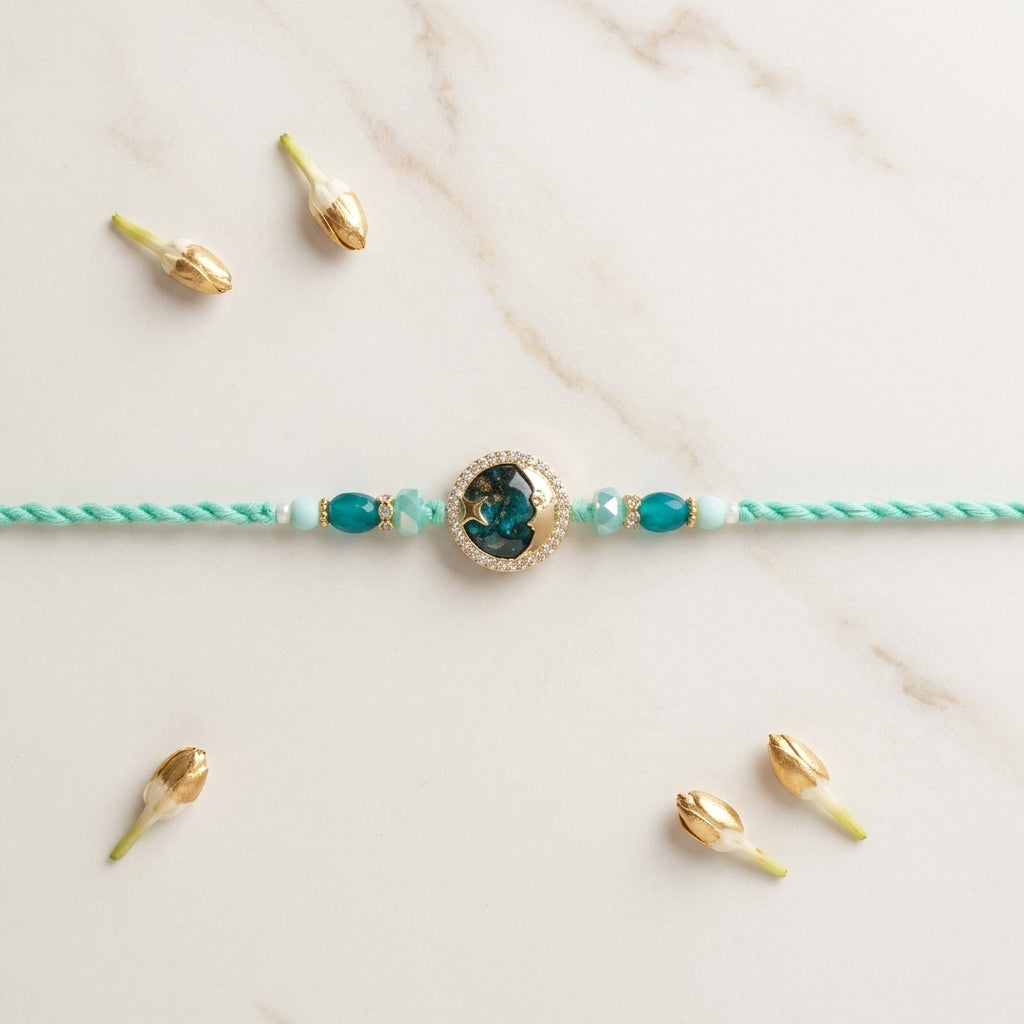 Elegant Teal Mountain Landscape Motif Rakhi