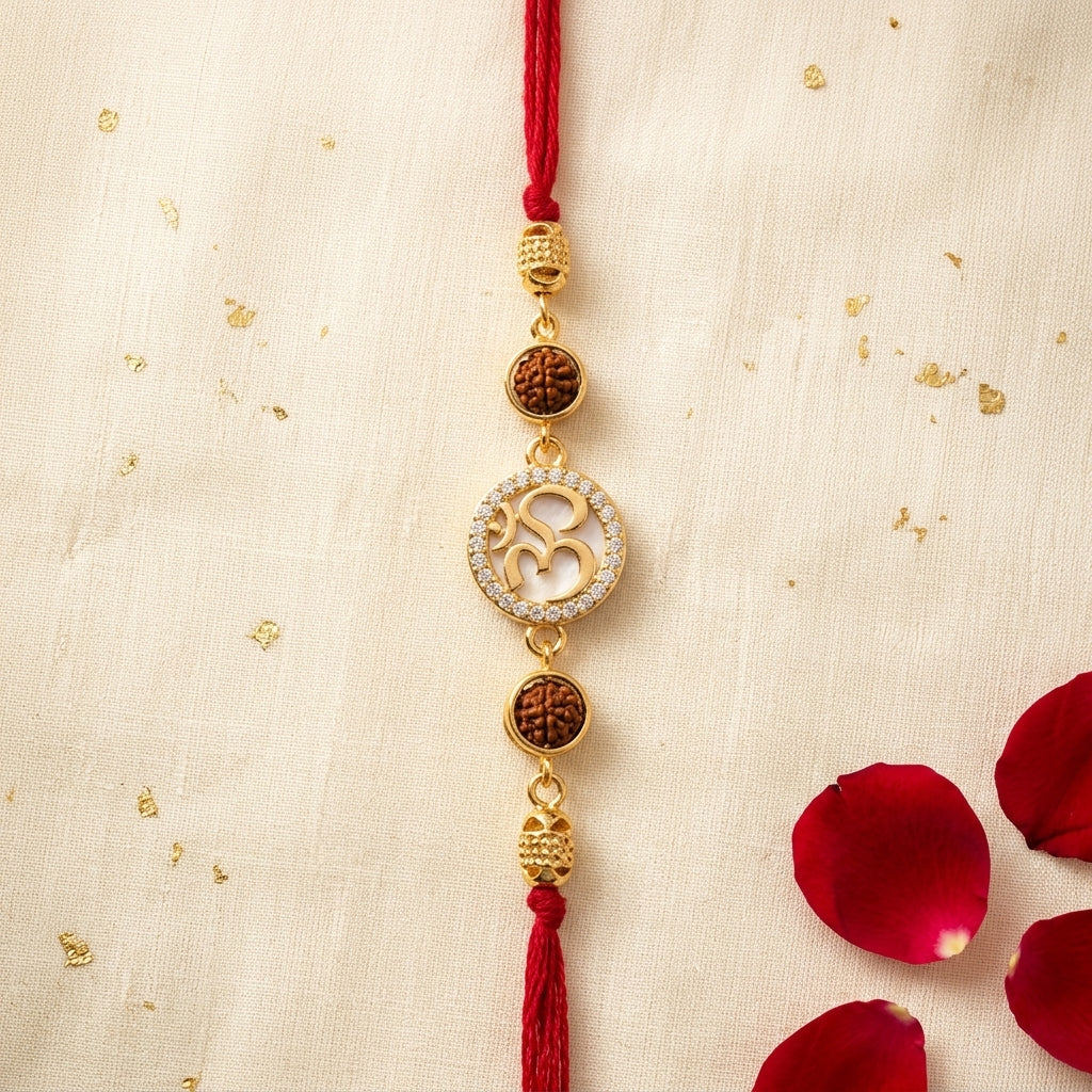 Premium Stone-Studded Gold Om and Rudraksha Rakhi