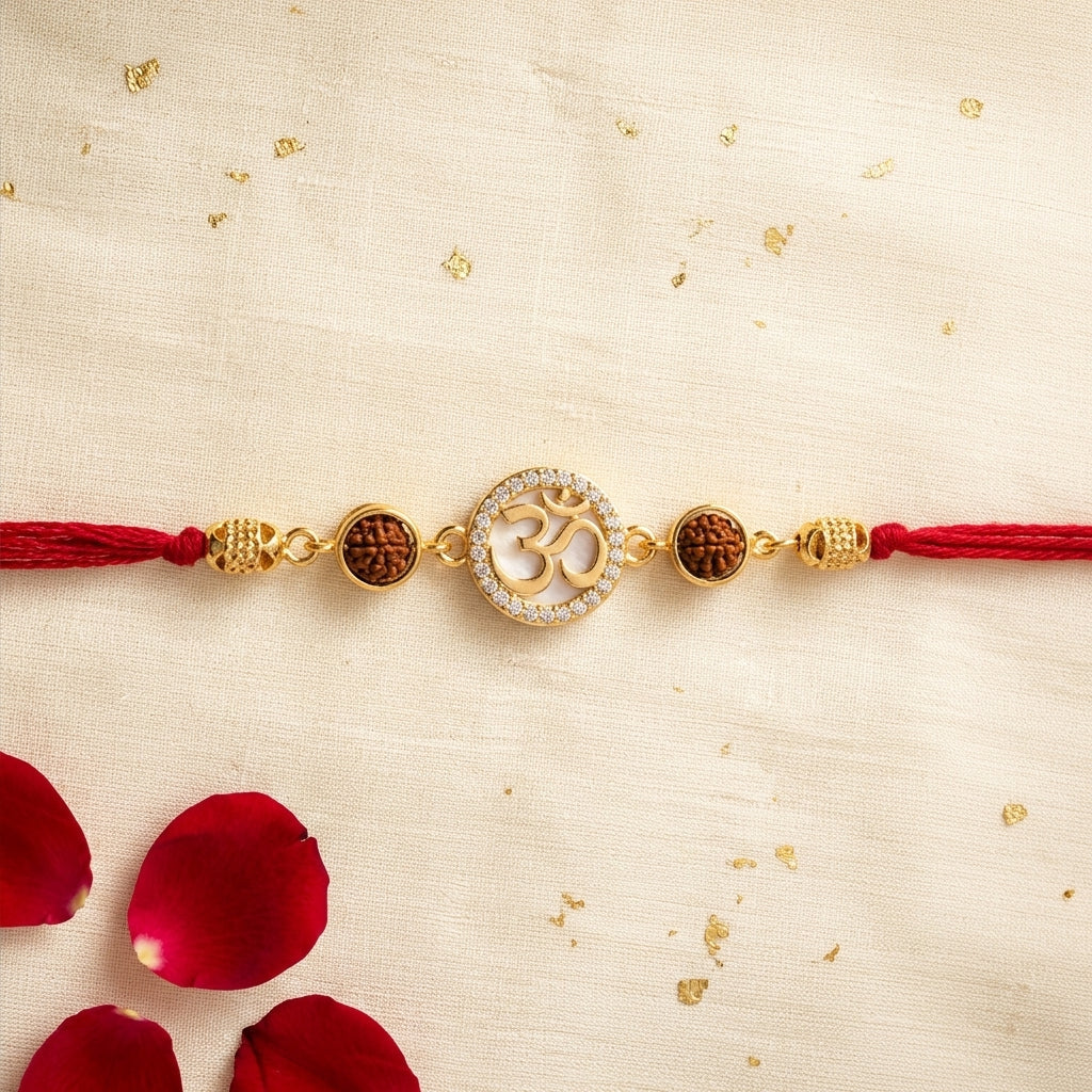 Premium Stone-Studded Gold Tone Om Rakhi