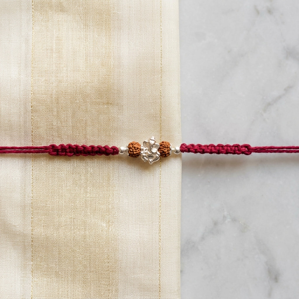 2PC Sacred Silver Ganesha and Rudraksha Macrame Rakhi