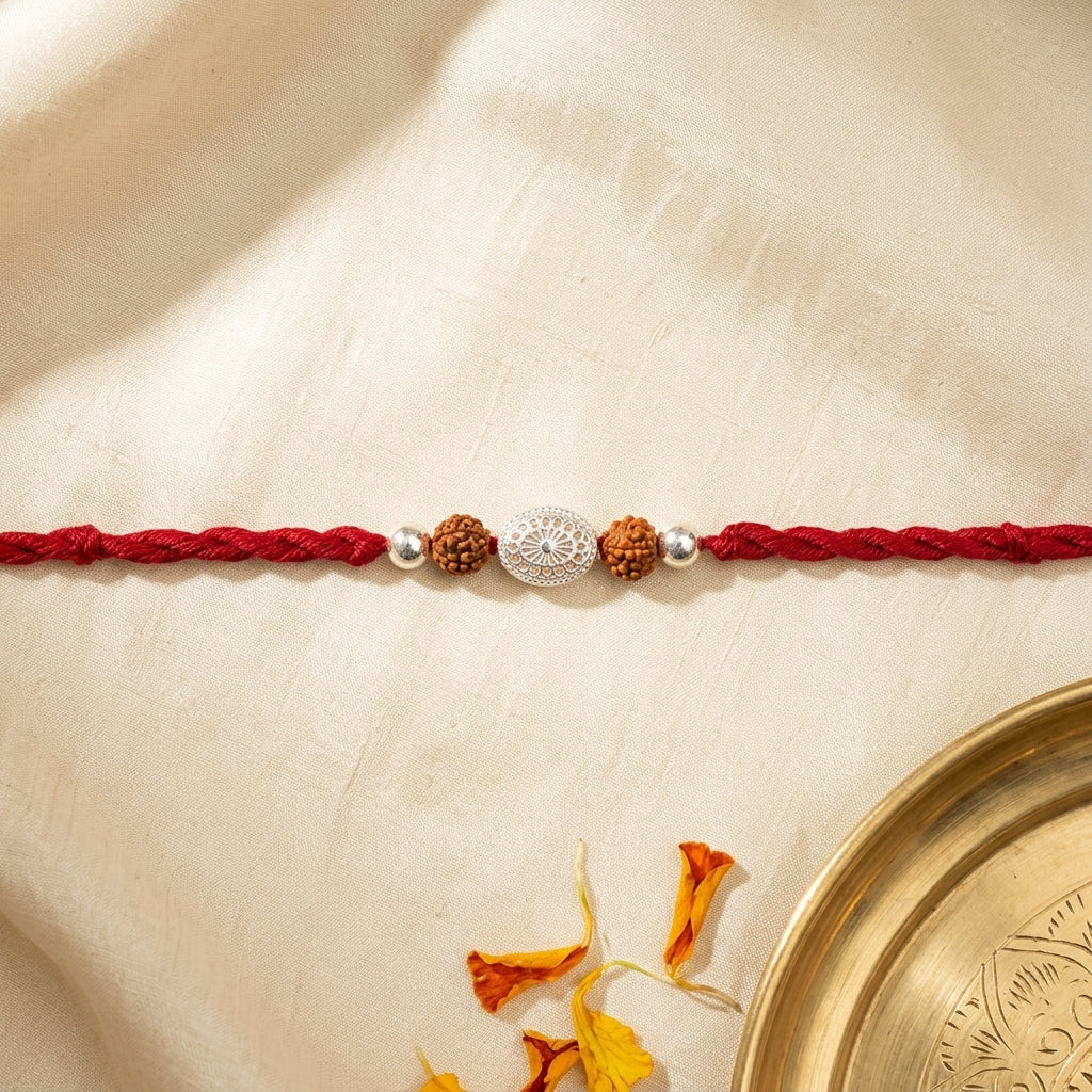 Auspicious Silver Filigree and Rudraksha Rakhi