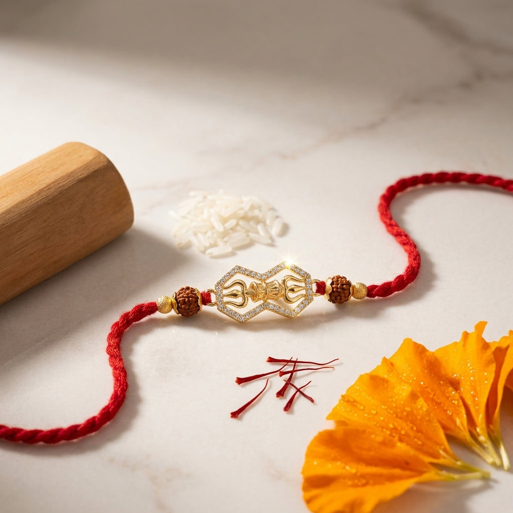 Premium Stone-Studded Gold Trishul Damru and Rudraksha Rakhi