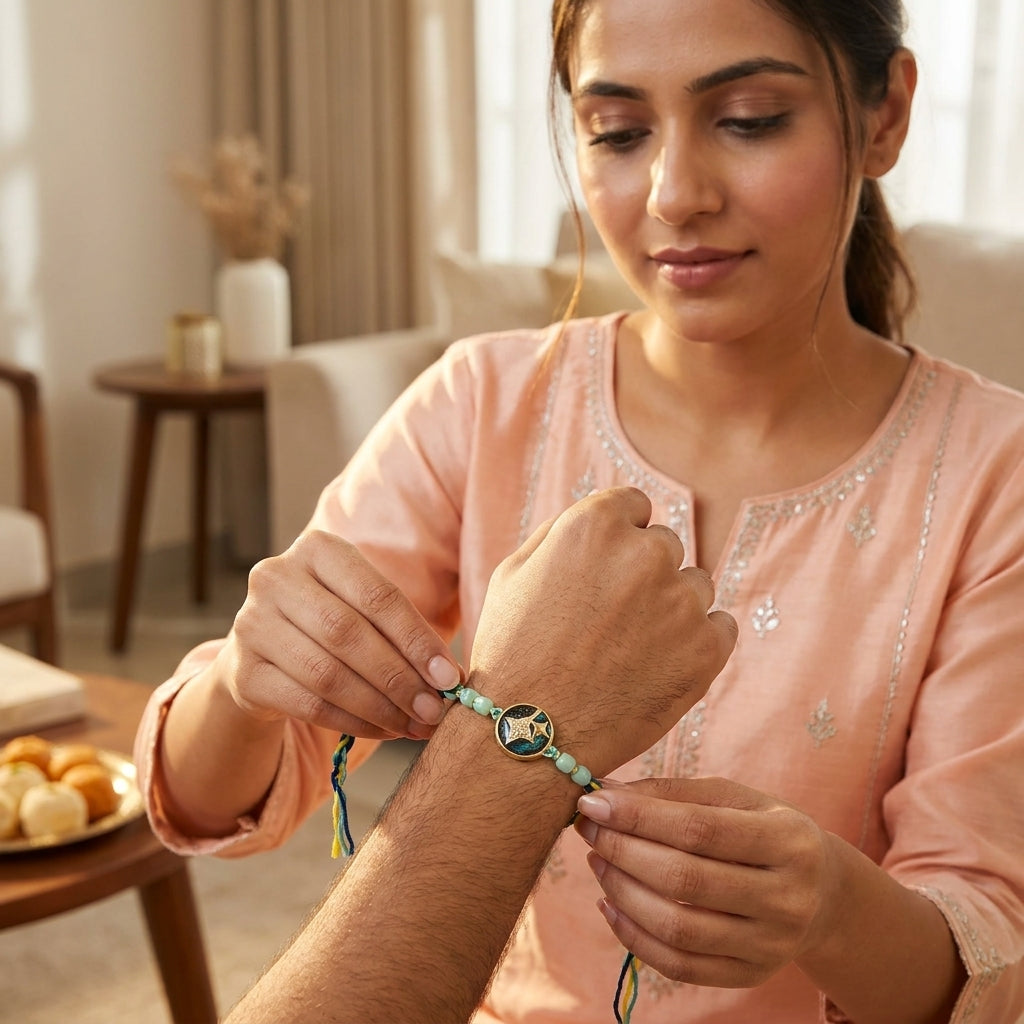 Celestial Starry Night Motif Rakhi with Mint Green Beads