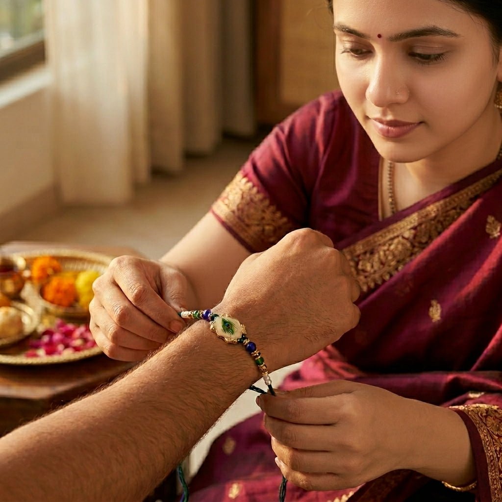 Divine Mor Pankh Enamel Bhai Bhabhi Rakhi Set