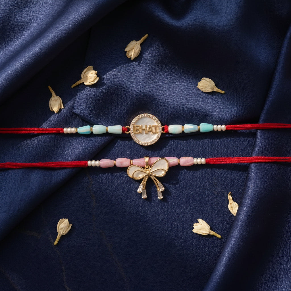 Premium Bhai Bhabhi Rakhi Set with Mother of Pearl Accents