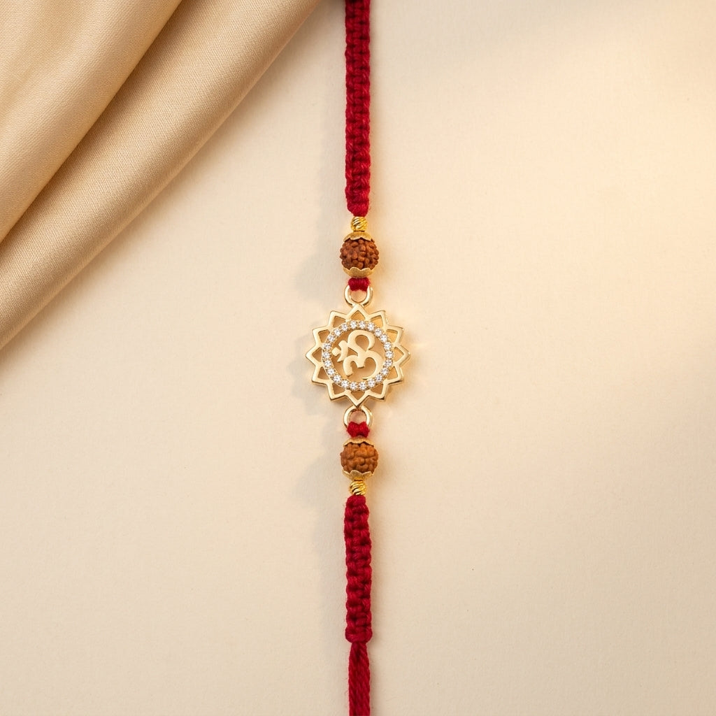 Premium Gold Sunburst Om and Rudraksha Rakhi