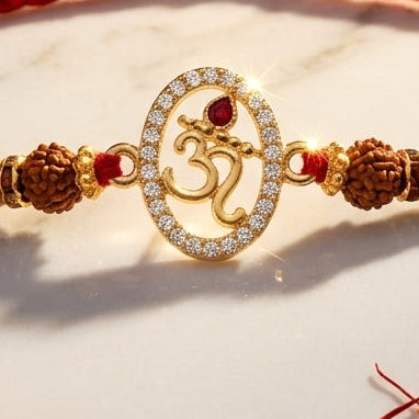 Om and Flute Stone-Studded Rakhi