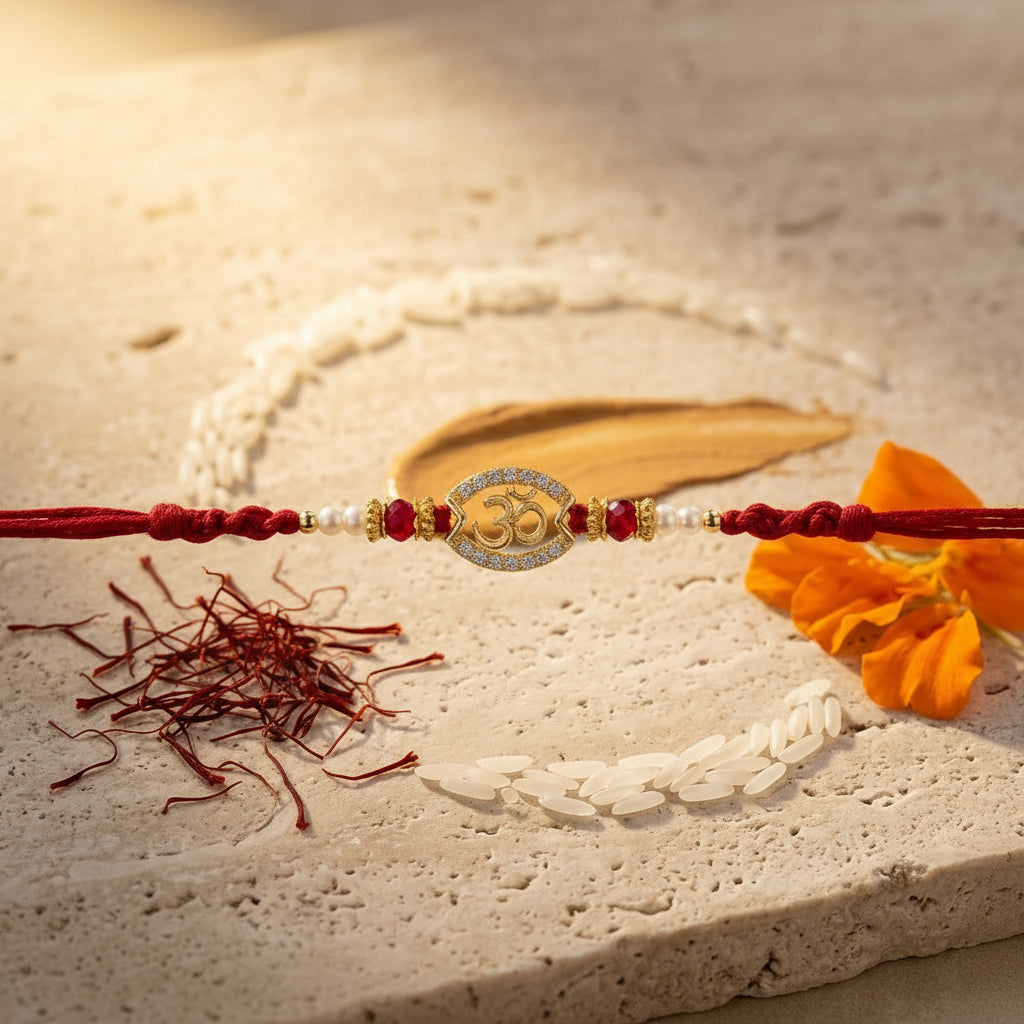 Oval Stone-Studded Gold-Tone Om Rakhi