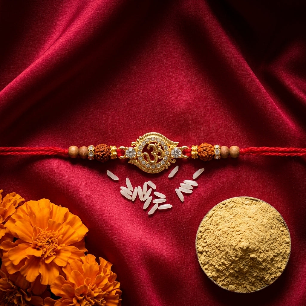 Ornate Om Stone-Studded Rudraksha Rakhi