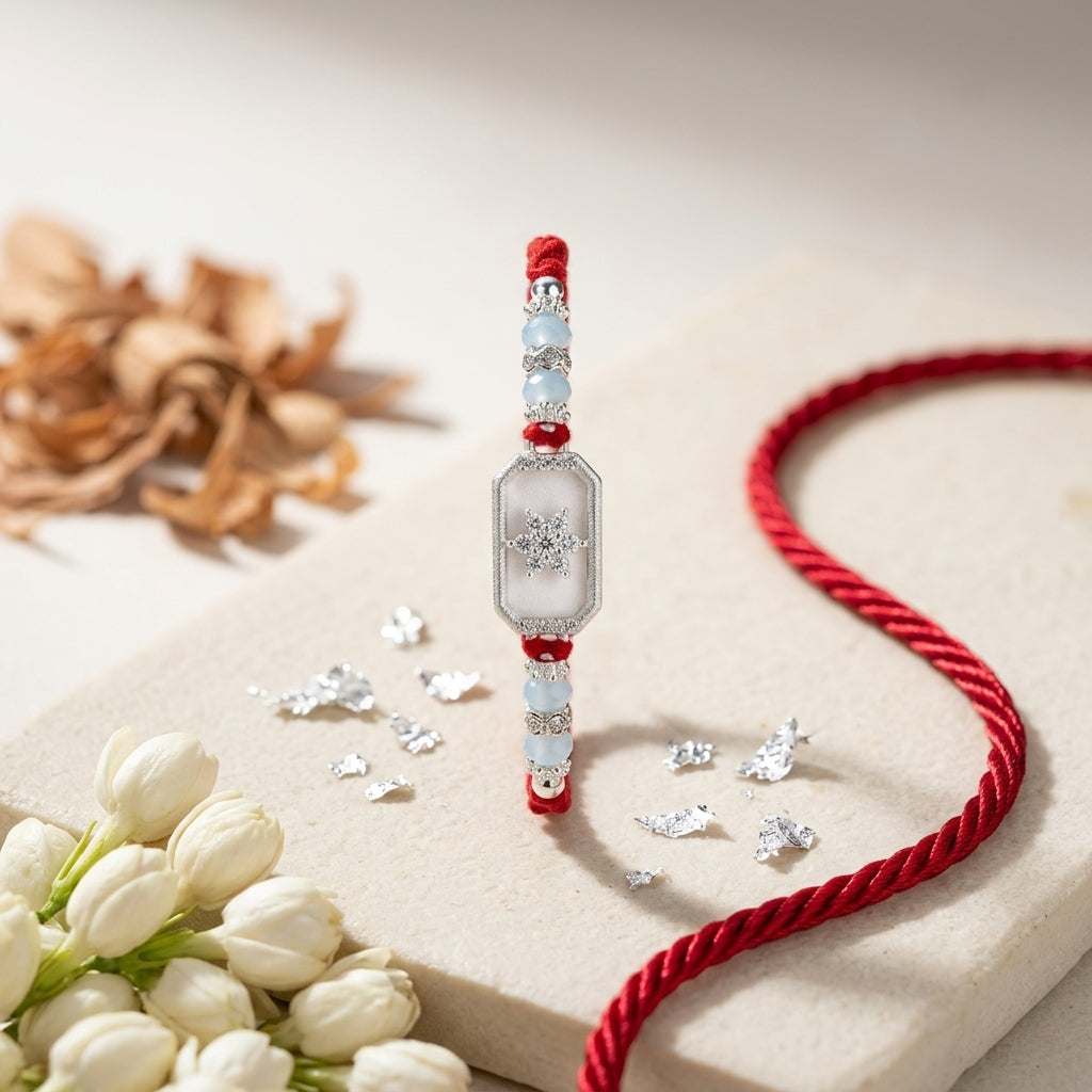 Star-Embossed German Silver-Tone Enamel Rakhi