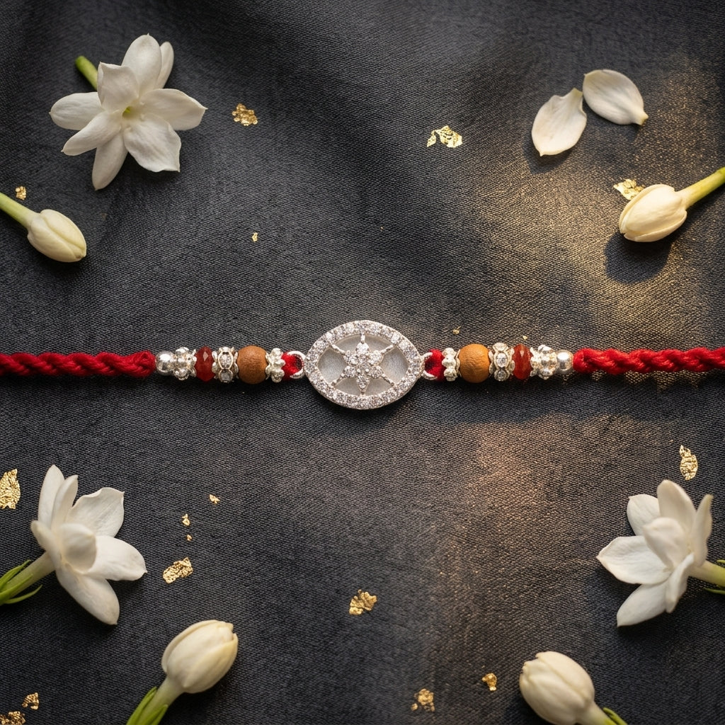 Star-Embossed Silver-Tone and Rudraksha Rakhi