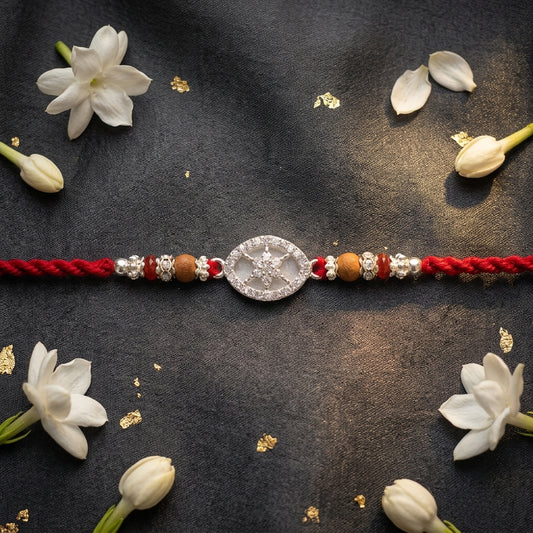 Star-Embossed Silver-Tone and Rudraksha Rakhi
