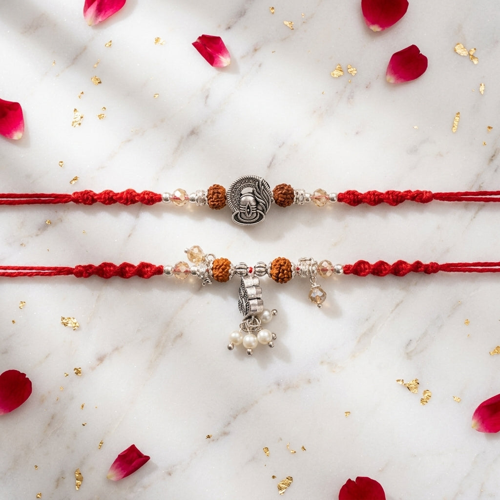 Ornate Silver-Tone Bhai Bhabhi Rakhi Duo